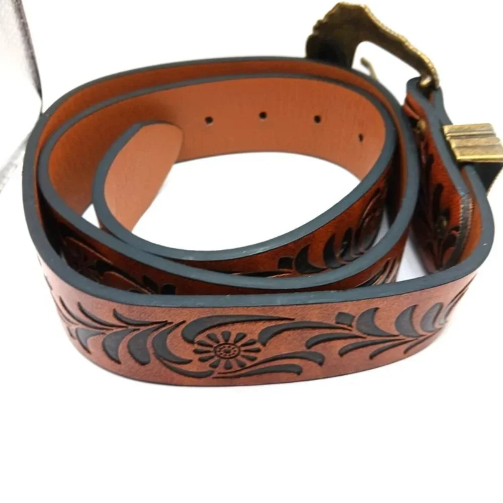 Western Womens Brown Leather Floral Belt Waist New